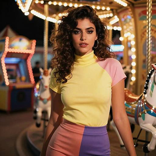 Photograph of a curly-haired woman with dark makeup, wearing a yellow top and pink-blue striped skirt, standing in a brightly lit, colorful carnival booth