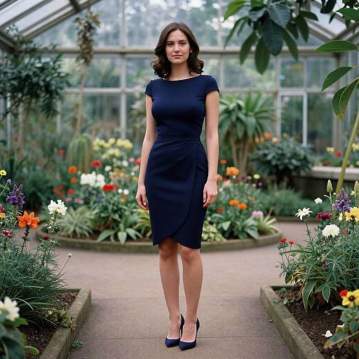 Photograph of a brunette woman in a black, knee-length dress and navy heels, standing in a colorful greenhouse garden.
