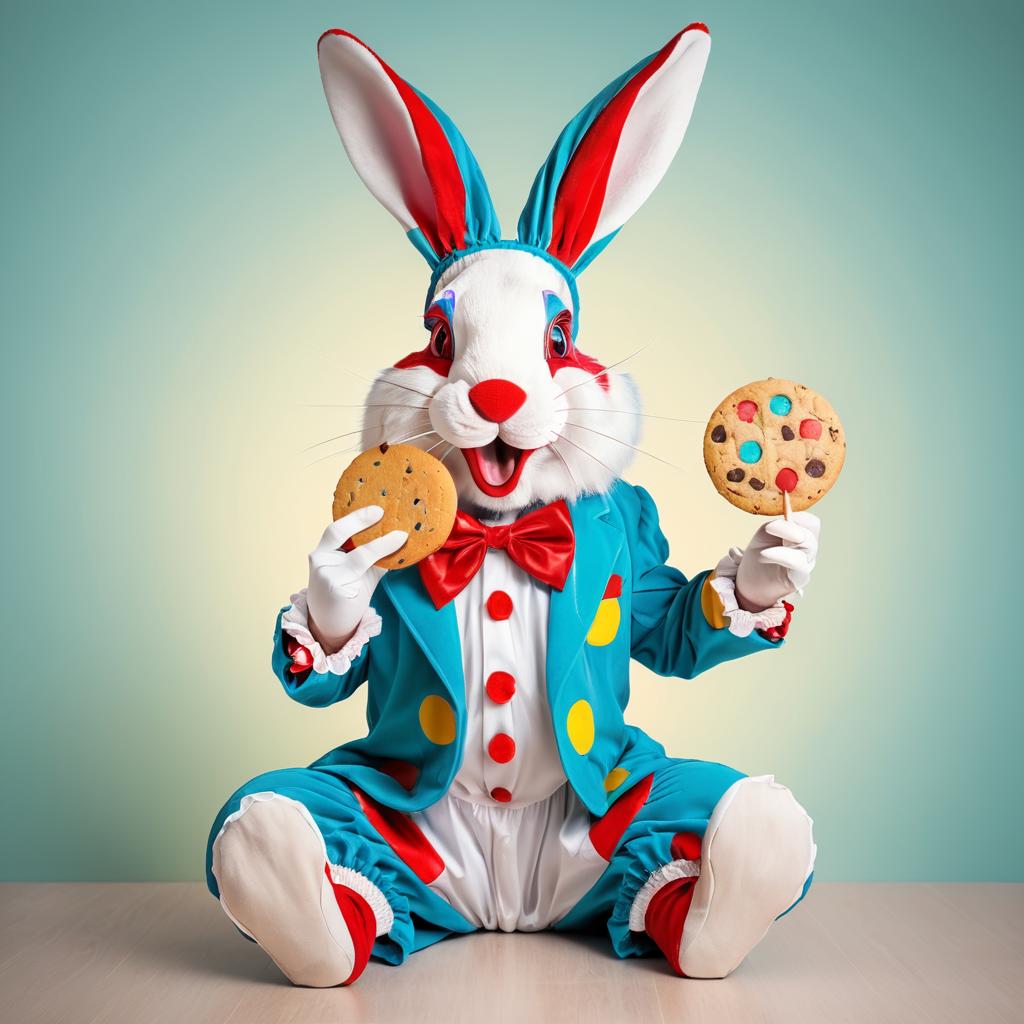 Whimsical Clown Rabbit Enjoying a Cookie