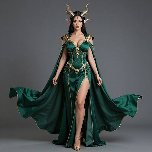 Photograph of a stunning, dark-haired elf woman with gold horns, wearing a green, form-fitting, high-slit gown with gold chain accents