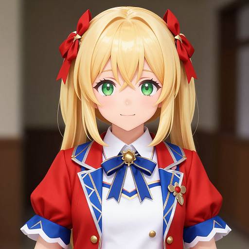 Anime-style digital illustration of a blonde girl with green eyes, wearing a red and blue military-style outfit with puffy sleeves, red bows, and gold