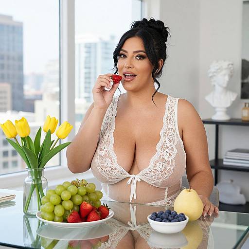 Photograph of a curvy, fair-skinned woman with black hair in a white lace, low-cut top, eating a strawberry, surrounded by colorful