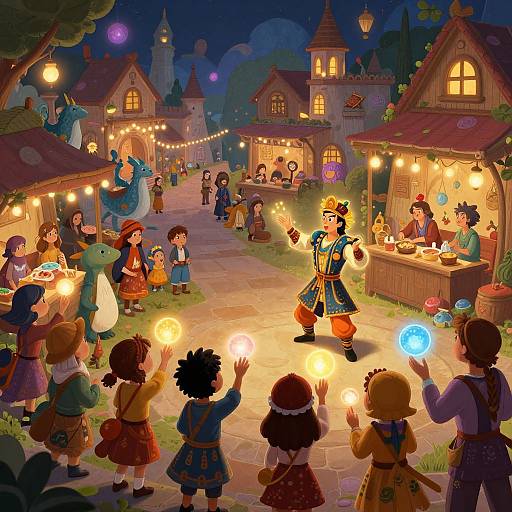 Vibrant, digital illustration of a magical nighttime village market. A wizard in colorful robes performs magic, children hold glowing orbs, and warmly lit stalls