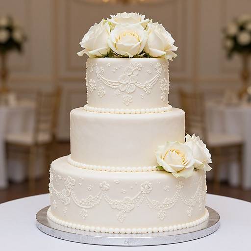 Photograph of a three-tiered white wedding cake adorned with intricate floral icing patterns, topped with large white roses, on a round white table in an