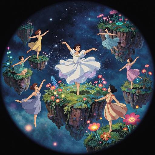 Digital anime-style artwork of six dancing girls in colorful dresses on floating flower-covered islands under a starry night sky.