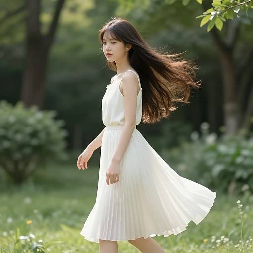 Photograph of an East Asian woman with long brown hair in a sleeveless white pleated dress, walking in a sunlit, green forest.