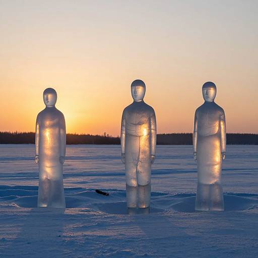 Photograph of three translucent, humanoid ice sculptures standing in a frozen lake at sunset, with a gradient sky from orange to blue.