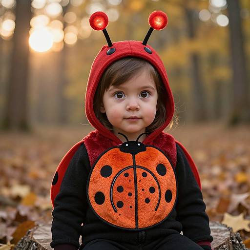 Photograph of a young child with wide eyes, wearing a red ladybug-themed hooded jacket with black spots, sitting on a log in a sun
