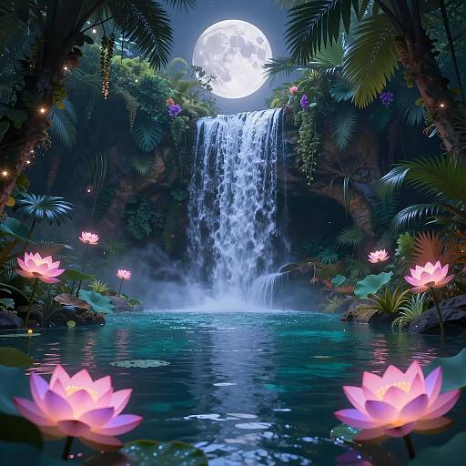 Magical Waterfall and Luminous Moon in Enchanted Forest