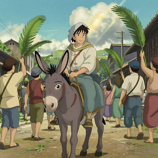Digital anime-style illustration of a young man with black hair, wearing a white shirt and blue headscarf, riding a donkey in a village street