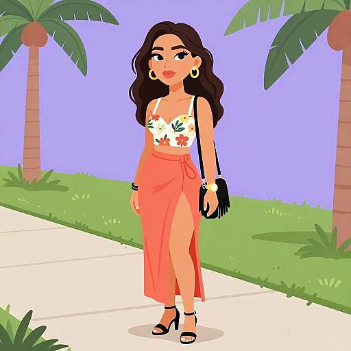 Digital illustration of a stylish woman with long dark hair, wearing a white floral top, orange high-waisted skirt, black heels, gold earrings,