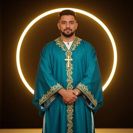Photograph of a bearded man with brown hair, wearing a teal, ornately-embroidered religious robe, standing before a glowing circular light