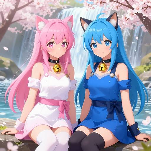 Anime-style digital artwork of two cat-eared girls with pink and blue hair, wearing white and blue outfits, sitting by a waterfall with cherry blossoms