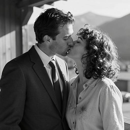 Black and White Photo of Couple Kissing Outdoors