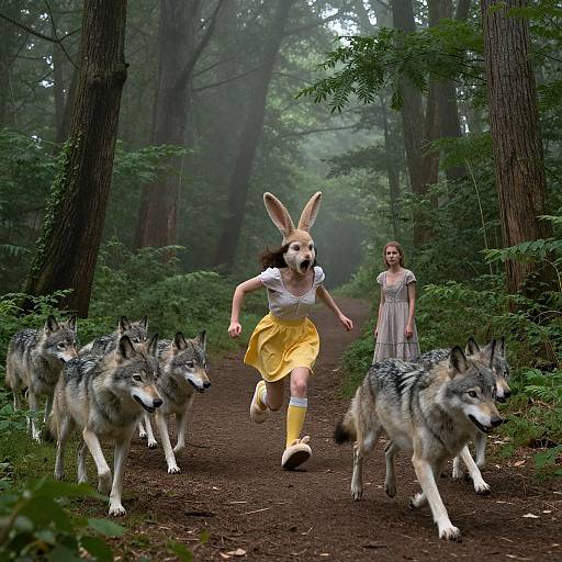 Photograph of a forest path with a girl in a white dress and yellow skirt, wearing a bunny mask, running ahead of four wolf-like dogs.