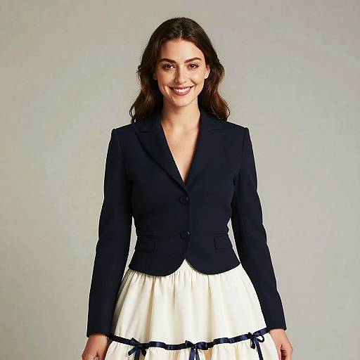 Smiling Woman in Navy Blazer and White Ballgown