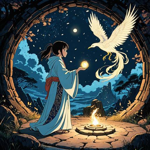 Mage and Glowing Phoenix in Moonlit Stone Circle