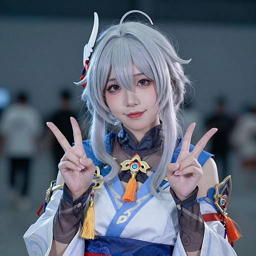 Anime Cosplayer in Blue Kimono Pose