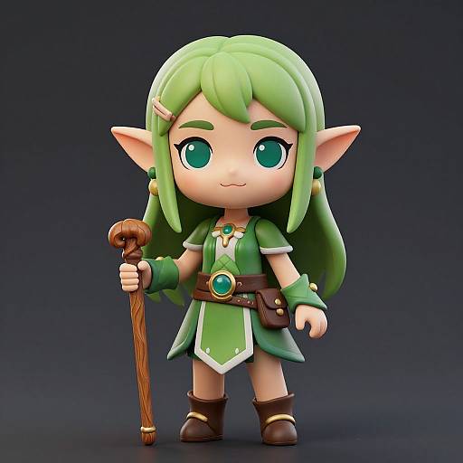 Chibi-style digital artwork of a green-haired elf with large eyes, wearing a green dress, brown boots, and holding a wooden staff. Dark blue