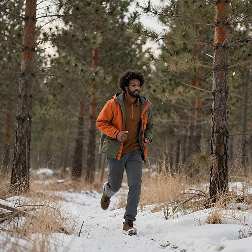 Black Man Running in Snowy Pines