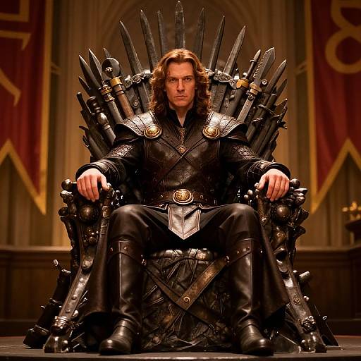Photograph of a man with long brown hair, wearing a black leather medieval outfit, sitting on a throne with numerous black spikes, in a dimly