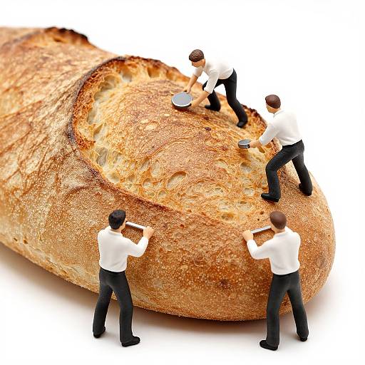 Miniature Men Climbing Giant Bread