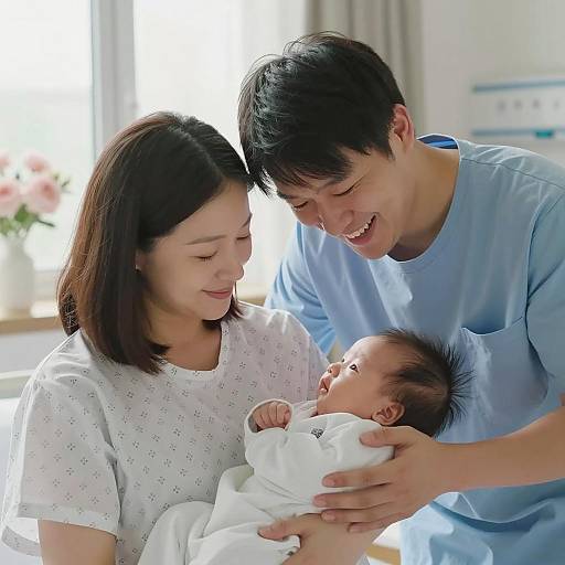 Happy Parents Holding Newborn in Hospital Room