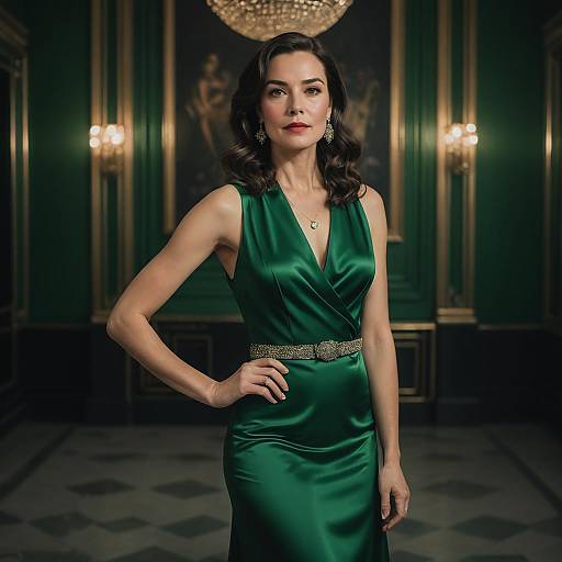 Elegant Woman in Emerald Green Satin Dress