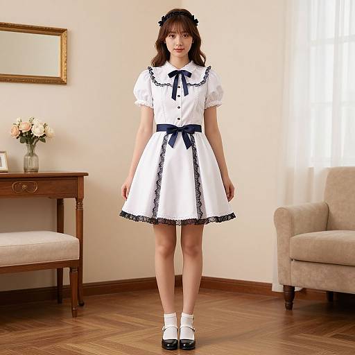 Photograph of a young Asian girl in a white, short-sleeved, black-trimmed dress with a black bow, standing in a brightly