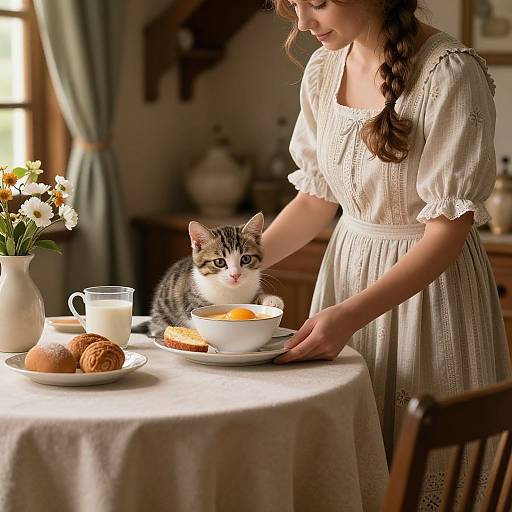 Photograph of a young woman with braided hair in a white dress, feeding a curious tabby kitten breakfast at a sunlit table.