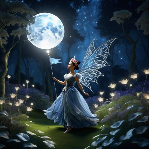 Fairy with Moonlit Flag in Mystical Garden