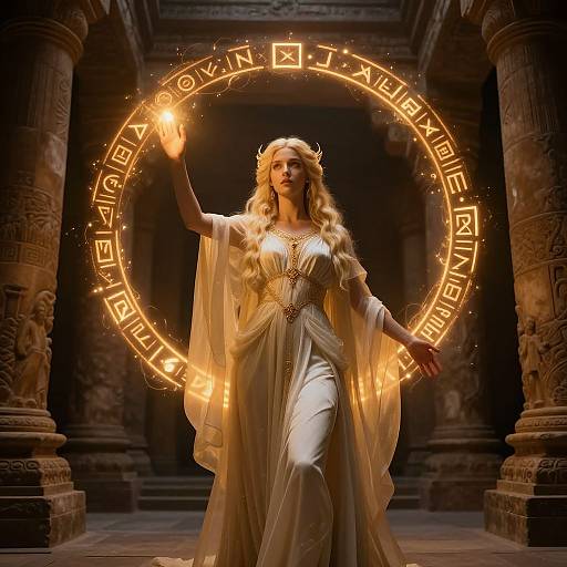 Digital art of a blonde woman in a glowing, ancient Greek-style dress, casting a magical circle of runes in a dark, ornate temple.