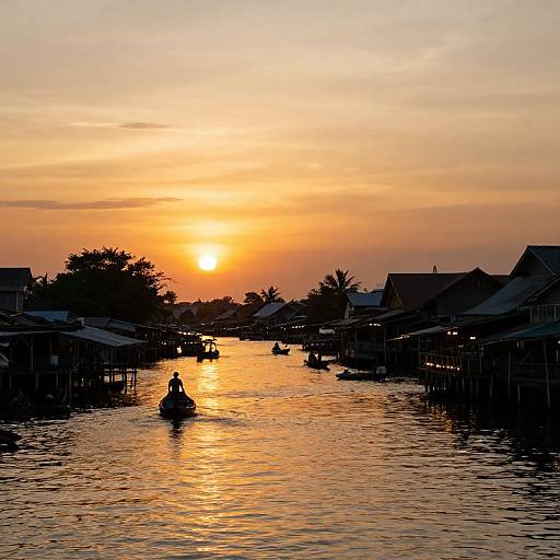 Photograph of a serene sunset over a waterway lined with silhouetted stilt houses, with small boats floating on the reflective, golden-h