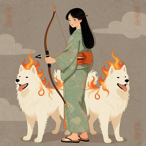 Young Woman with Bow and Flaming Dogs in Kimono