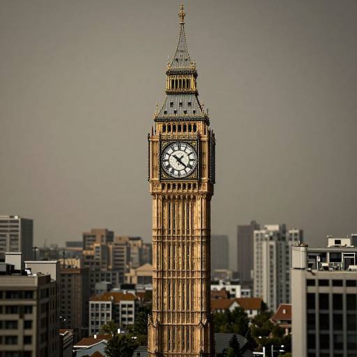 Photograph of London's iconic Big Ben clock tower, golden-brown and detailed, standing tall against a hazy urban skyline with modern buildings.