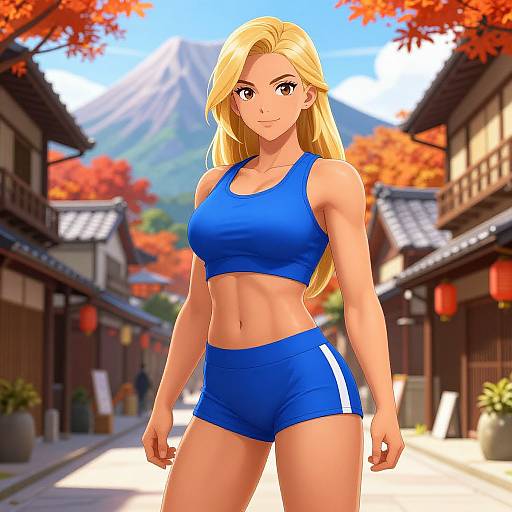 Digital anime-style drawing of a blonde, muscular woman in blue sports bra and shorts, standing in a vibrant, autumnal Japanese street.