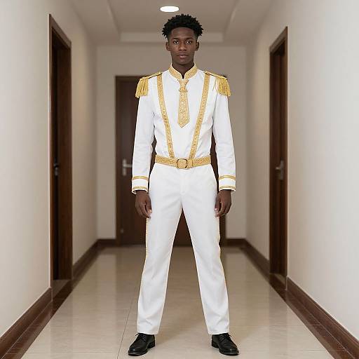 Photograph of a Black man with short, curly hair, wearing a white, gold-embroidered military-style suit, standing confidently in a long
