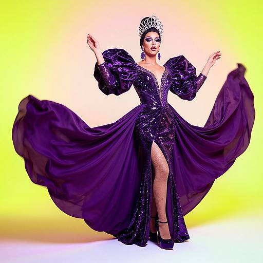 Photograph of a glamorous doll in a sparkling, deep purple, puffed-sleeve gown with a thigh-high slit, silver tiara, and