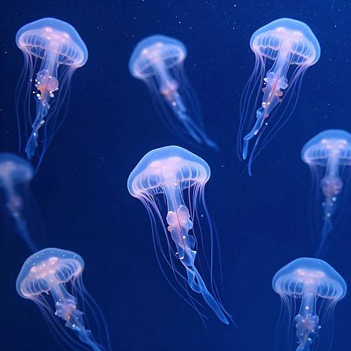 Photograph of glowing blue jellyfish with translucent, bell-shaped bodies and flowing tentacles, floating in a deep blue, starlit ocean.