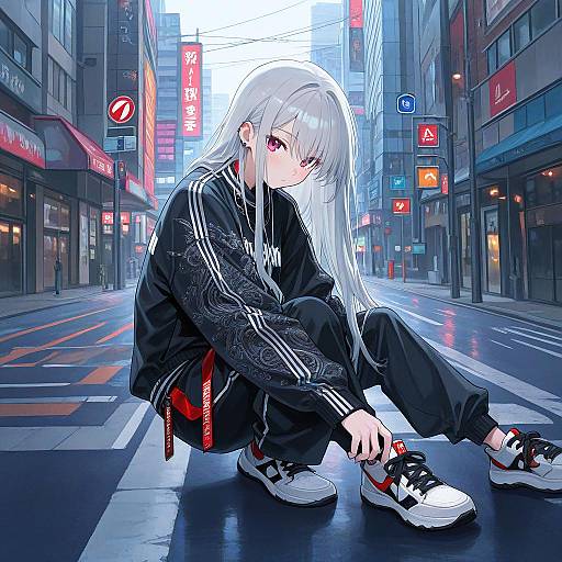 Anime-style digital drawing of a silver-haired girl in a black tracksuit, squatting on a neon-lit urban street at night.