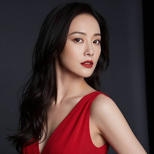 Photograph of an East Asian woman with fair skin, long black hair, and red lipstick, wearing a sleeveless red dress, against a dark blue