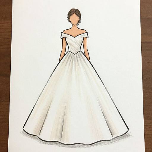 Digital drawing of a faceless woman in an off-shoulder, white wedding gown with a full skirt, standing on a dark wooden surface.