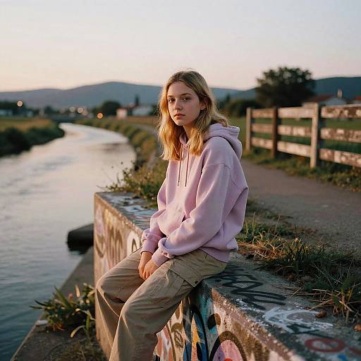 Photograph of a blonde woman in a pink hoodie and beige pants, sitting on a graffiti-covered riverbank at sunset.