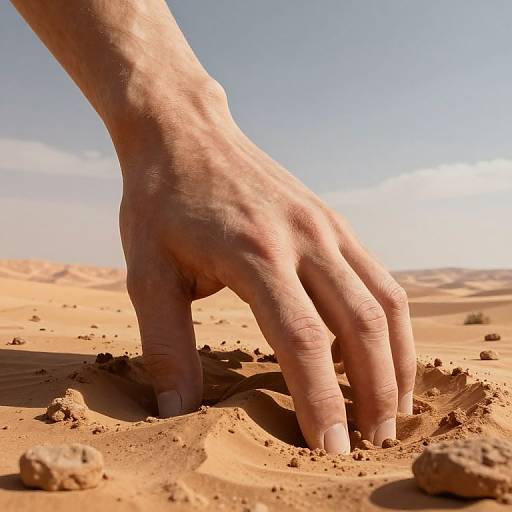 Photograph of a pale, slightly wrinkled hand with short nails, sinking into golden sand in a bright, clear desert landscape.