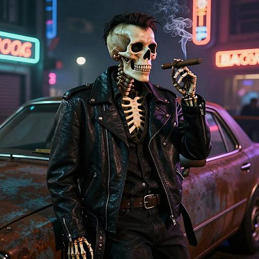 Photorealistic digital art of a skeletal figure with black leather jacket, smoking cigar, neon city background, and rusty car.