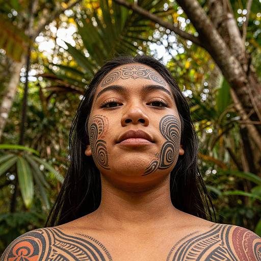 Close-up photograph of a young woman with dark skin, long black hair, and intricate black tribal tattoos on her face and chest, standing in a lush