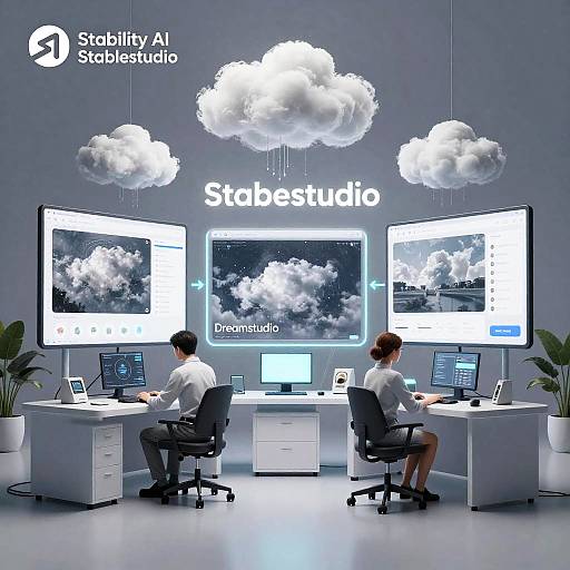 Digital art of two employees at a modern, cloud-themed studio, working on white desks with cloud-printed screens, under floating clouds. 