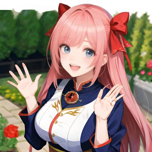 Anime-style digital illustration of a surprised pink-haired girl with blue eyes, large breasts, wearing a navy and white uniform, waving against a bright blue sky
