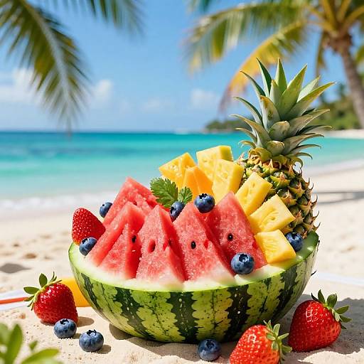 Photograph of a tropical beach scene featuring a watermelon bowl filled with red watermelon slices, pineapple chunks, and blueberries, with strawberries scattered around