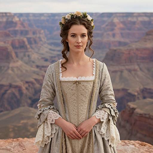 Photograph of a young woman with fair skin, brown curly hair, wearing a floral crown, and an ornate 18th-century-style gown,